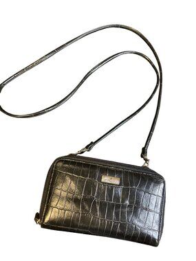Rosetti Black Faux Crocodile Wristlet Wallet With Crossbody Strap Built-In Calcu